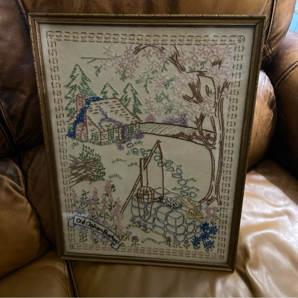Vintage Crewel Embroidery Picture Old Oaken Bucket Framed Linen Art Cottagecore - Picture 2 of 9